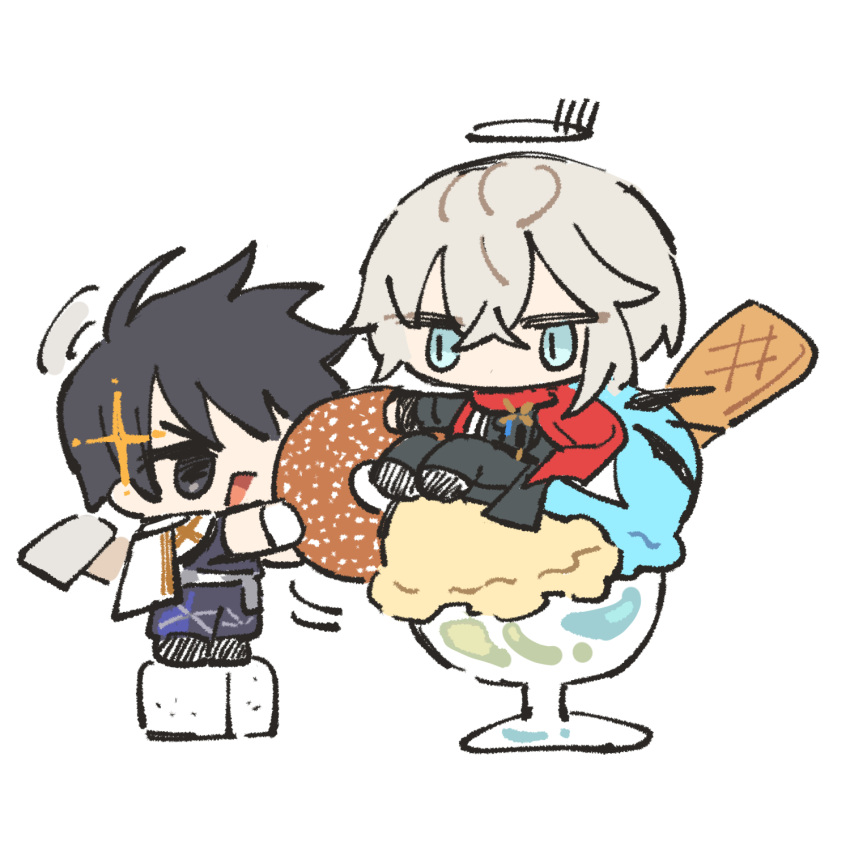 2boys, arknights, black_hair, black_halo, black_jacket, black_pants, blue_eyes, blue_pants