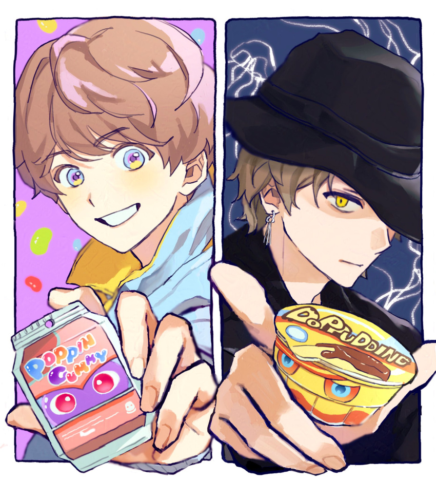 2boys, black_hat, blonde_hair, blue_eyes, border, brown_hair, earrings, gochizo