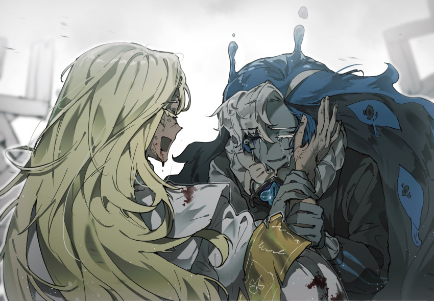 2boys, blonde_hair, blood, blue_eyes, blue_skin, colored_skin, cookie_run, cookie_run:_kingdom