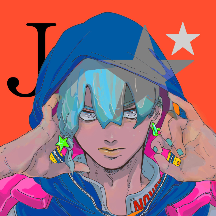 1boy, alternate_eye_color, alternate_hair_color, blue_hoodie, blue_nails, closed_mouth, earrings, grey_eyes