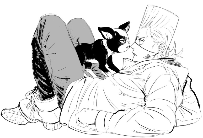 animal, animal_on_stomach, bags_under_eyes, boots, boston_terrier, chainsaw_man, dog, earrings, elbow_rest, eyepatch, face-to-face, flattop, greyscale, iggy_(jojo), inkmorechatta, jacket, jean_pierre_polnareff, jewelry, jojo_no_kimyou_na_bouken, long_sleeves, lying, male_focus, monochrome, on_back, pants, parody, parted_lips, surprised, tall_hair, white_background