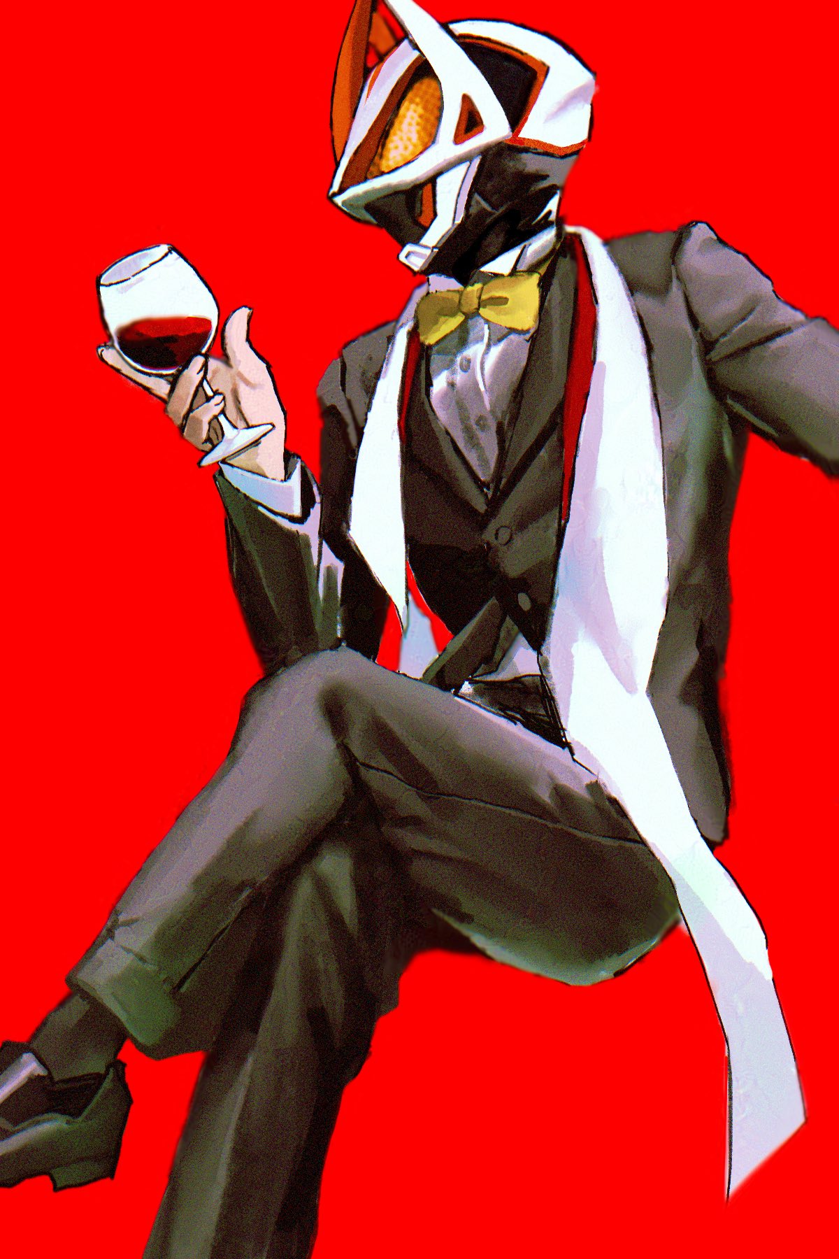 1boy, alcohol, armor, black_suit, bodysuit, bow, bowtie, commentary