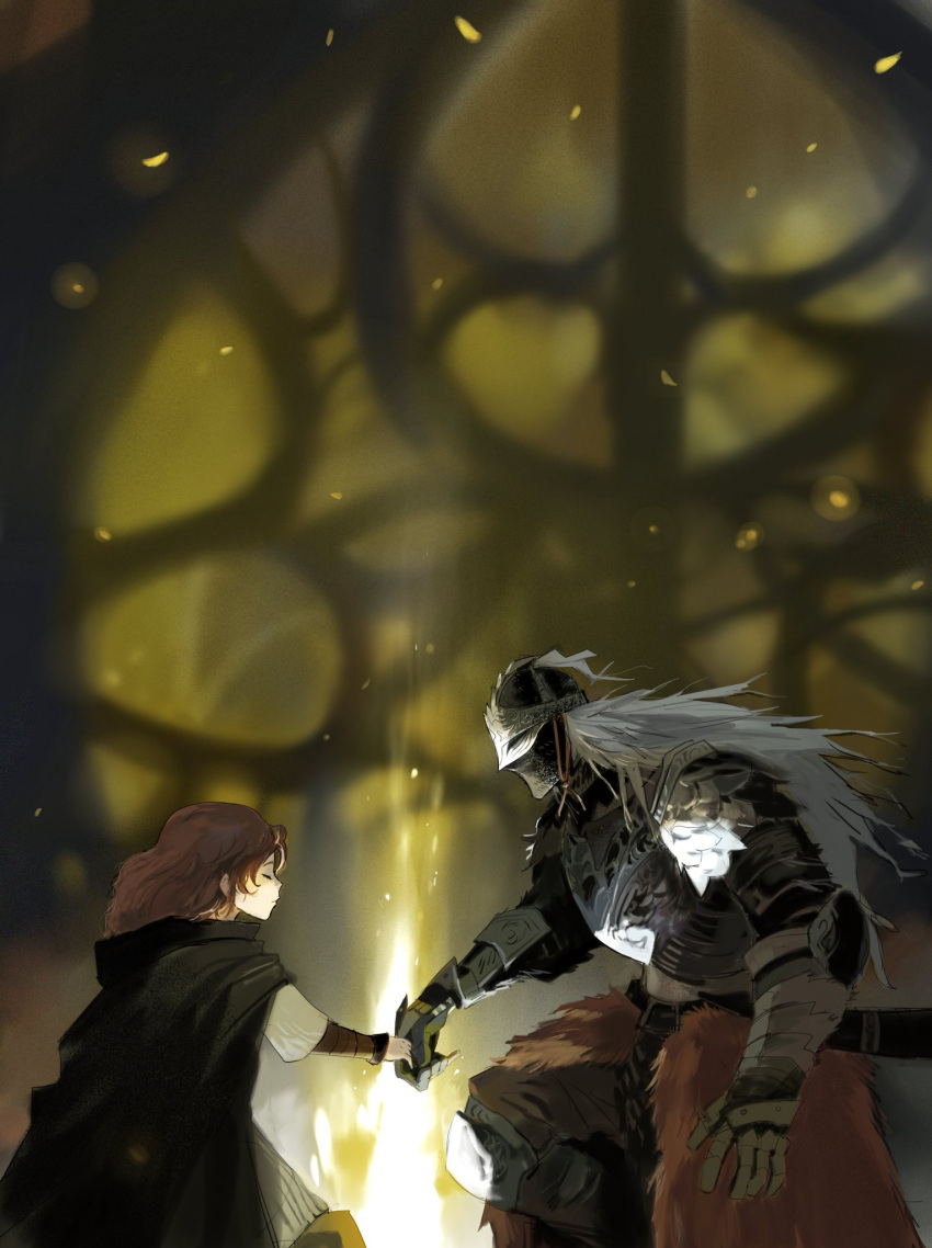 1boy, 1other, ambiguous_gender, armor, black_cape, bloody_wolf_(elden_ring), brown_hair, cape