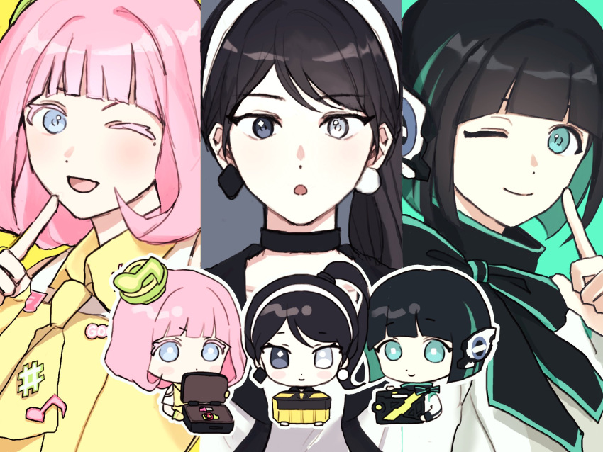 3girls, black_hair, blue_eyes, chibi, colored_inner_hair, earrings, gamer_driver, green_eyes