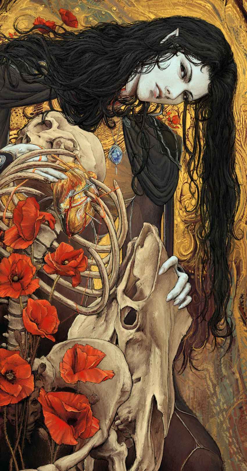 1boy, absurdres, animal_skull, black_hair, cape, d_(vampire_hunter_d), flower, heart_(organ)
