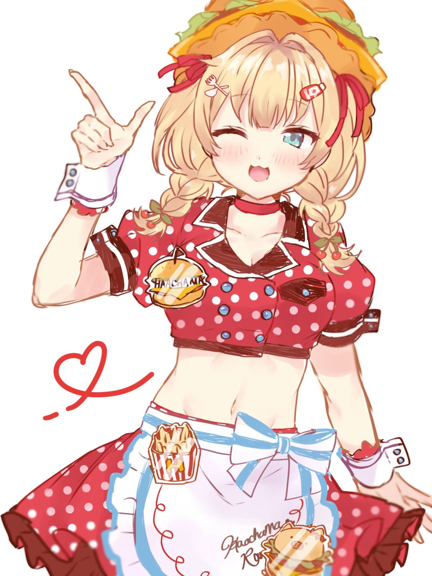 1girl, akai_haato, akai_haato_(7th_costume), apron, blonde_hair, blue_eyes, braid, breast_pocket, burger_hat, buttons, choker, crop_top, cropped_jacket, frilled_apron, frilled_skirt, frills, hair_ornament, hair_ribbon, hairclip, hat, highres, hololive, midriff, navel, one_eye_closed, open_mouth, pocket, polka_dot, polka_dot_skirt, puffy_short_sleeves, puffy_sleeves, red_choker, ribbon, short_sleeves, skirt, solo, virtual_youtuber, waist_apron