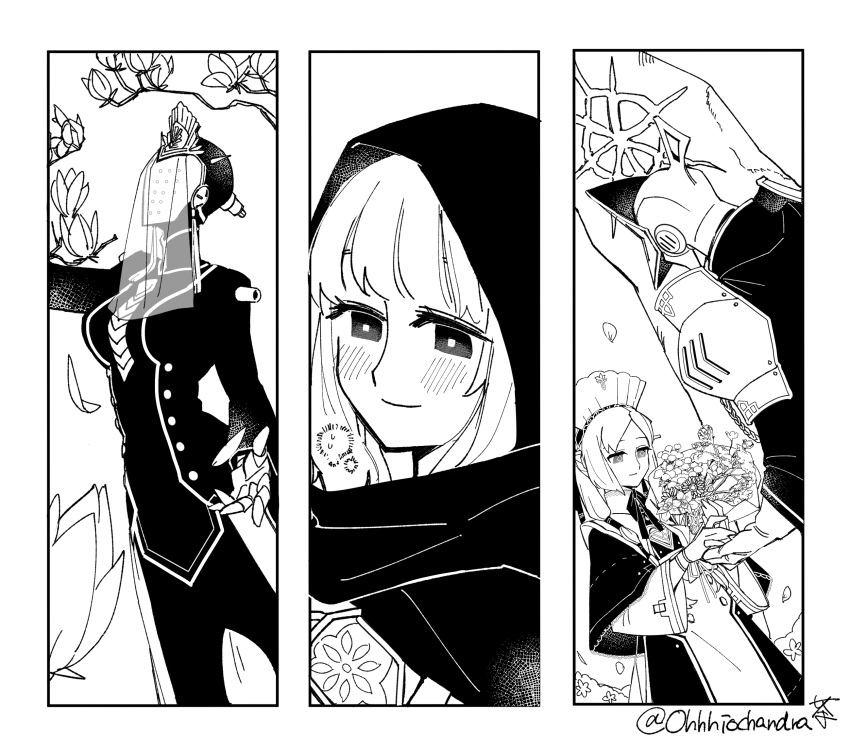 1boy, 3girls, android, blush, bouquet, cloak, dress, ender_lilies_quietus_of_the_knights