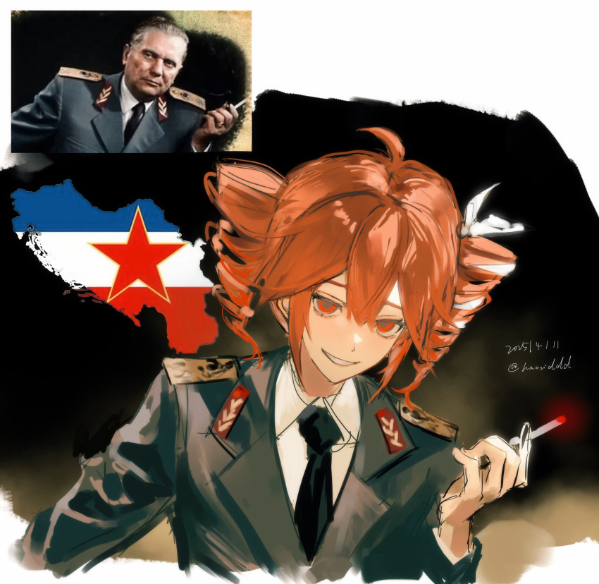 1girl, alternate_costume, black_background, black_necktie, bow, cigar, cropped_torso, double-parted_bangs