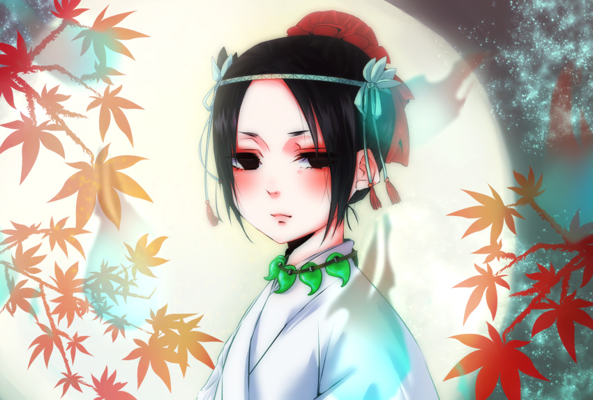 autumn_leaves, black_eyes, black_hair, bun_cover, character_request, full_moon, hairband, highres, hoozuki_no_reitetsu, jewelry, leaf, looking_at_viewer, magatama, magatama_necklace, moon, necklace, short_hair, todaiji_(moriyama1246)