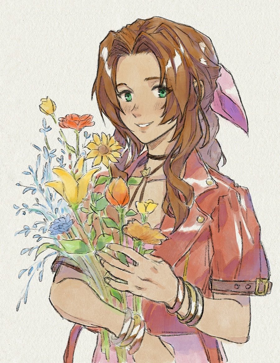 1girl, aerith_gainsborough, bangle, bouquet, bracelet, braid, braided_ponytail, brown_hair