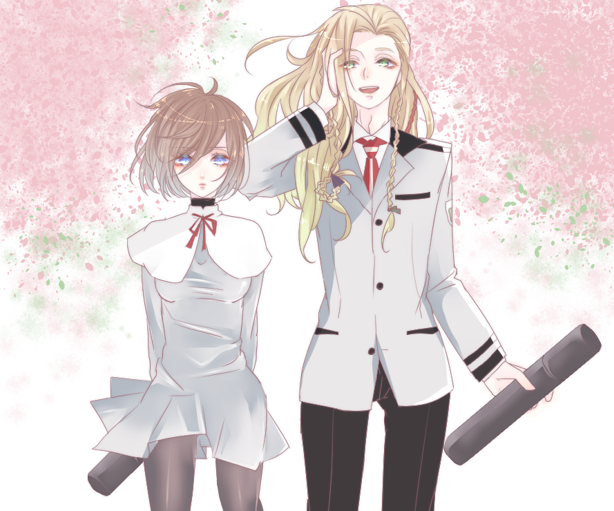 1boy, 1girl, black_choker, black_pants, blonde_hair, blue_eyes, braid, breasts, brown_hair, capelet, choker, christopher_weatherfield, dress, grey_dress, grey_jacket, grey_pantyhose, hand_up, jacket, long_hair, necktie, pants, pantyhose, protagonist_(tokimemo_gs2), red_necktie, short_hair, small_breasts, standing, todaiji_(moriyama1246), tokimeki_memorial, tokimeki_memorial_girl's_side, tokimeki_memorial_girl's_side_2nd_kiss, white_capelet