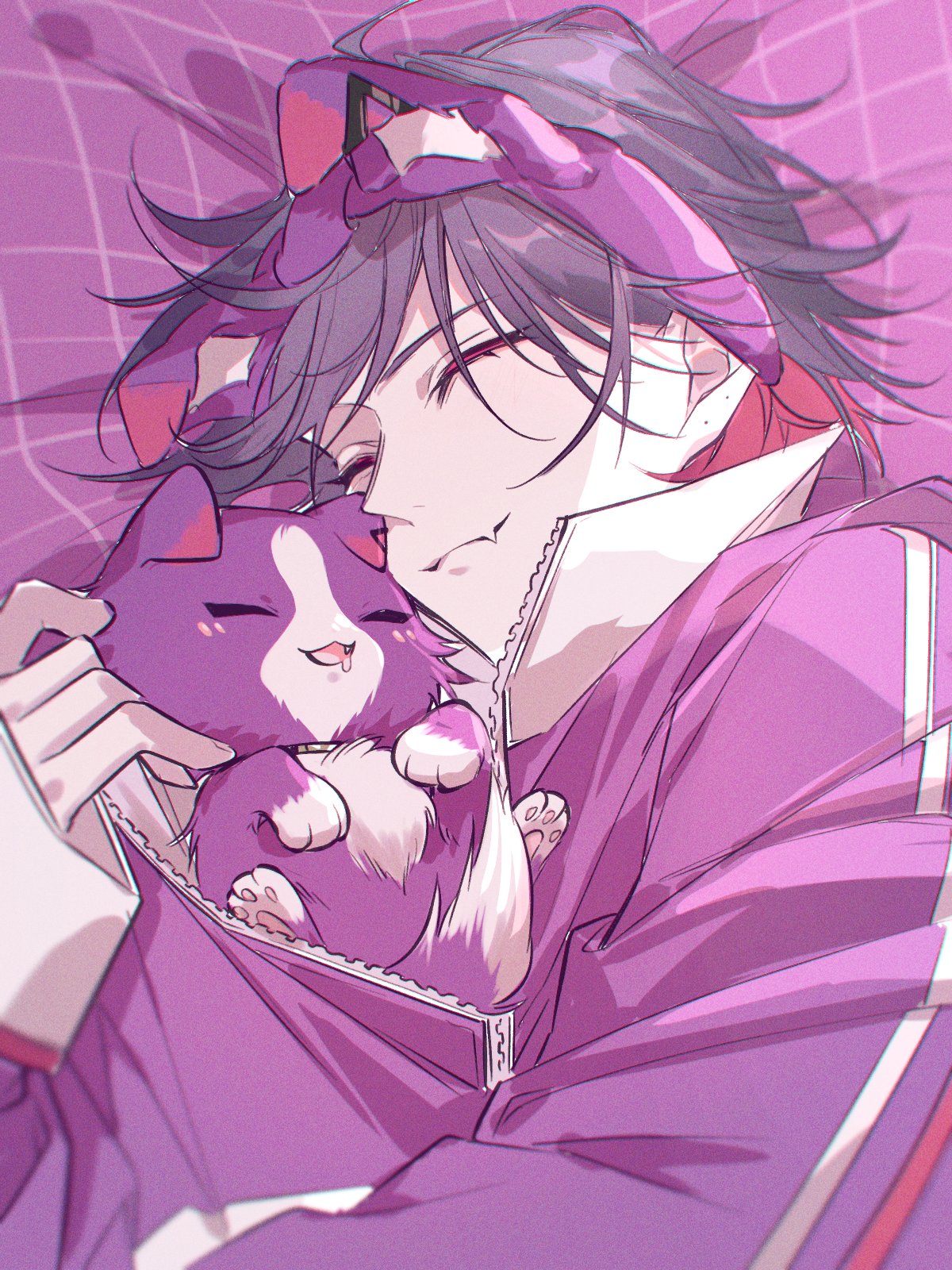 1boy, animal_ear_hairband, animal_ears, arm_up, black_hair, closed_eyes, colored_inner_hair, commentary_request, drooling, eyelashes, fake_animal_ears, fang, hairband, highres, jacket, lying, male_focus, multicolored_hair, murasakinoko_(watarai_hibari), nae_kiyo, nijisanji, on_side, pawpads, purple_hairband, purple_jacket, red_hair, sleeves_past_wrists, solo, unzipped, upper_body, virtual_youtuber, watarai_hibari, zipper