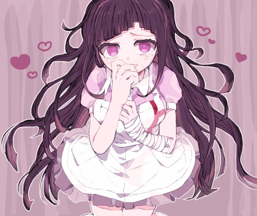 1girl, @_@, apron, atama_ga_pa, bandaged_arm, bandages, blush, breasts