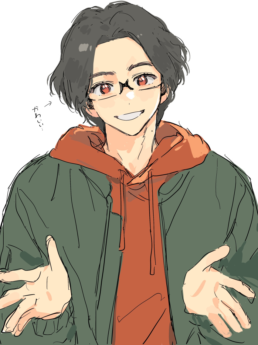 1boy, absurdres, black_hair, glasses, highres, hood, hoodie, keita_kg85, long_hair, long_sleeves, male_focus, no.1_sentai_gozyuger, red_eyes, semi-rimless_eyewear, simple_background, smile, solo, super_sentai, tsutsumi_natsume, under-rim_eyewear