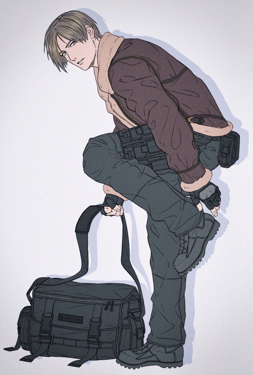 1boy, an_chovy, black_bag, black_boots, black_gloves, black_pants, blonde_hair, boots