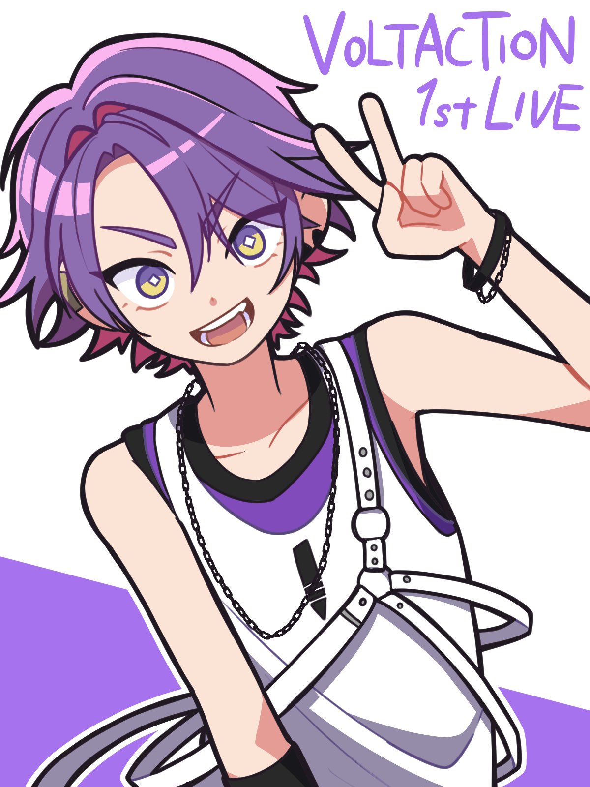 1boy, 4sm1050, arm_up, bare_shoulders, bracelet, chain, chain_necklace, colored_inner_hair, commentary_request, curtained_hair, diamond-shaped_pupils, diamond_(shape), highres, jewelry, layered_clothes, looking_at_viewer, male_focus, multicolored_eyes, multicolored_hair, necklace, nijisanji, open_mouth, pink_hair, purple_hair, purple_tank_top, solo, symbol-shaped_pupils, tank_top, teeth, tongue, two-tone_hair, upper_body, v, v-shaped_eyebrows, virtual_youtuber, watarai_hibari, white_background, white_tank_top