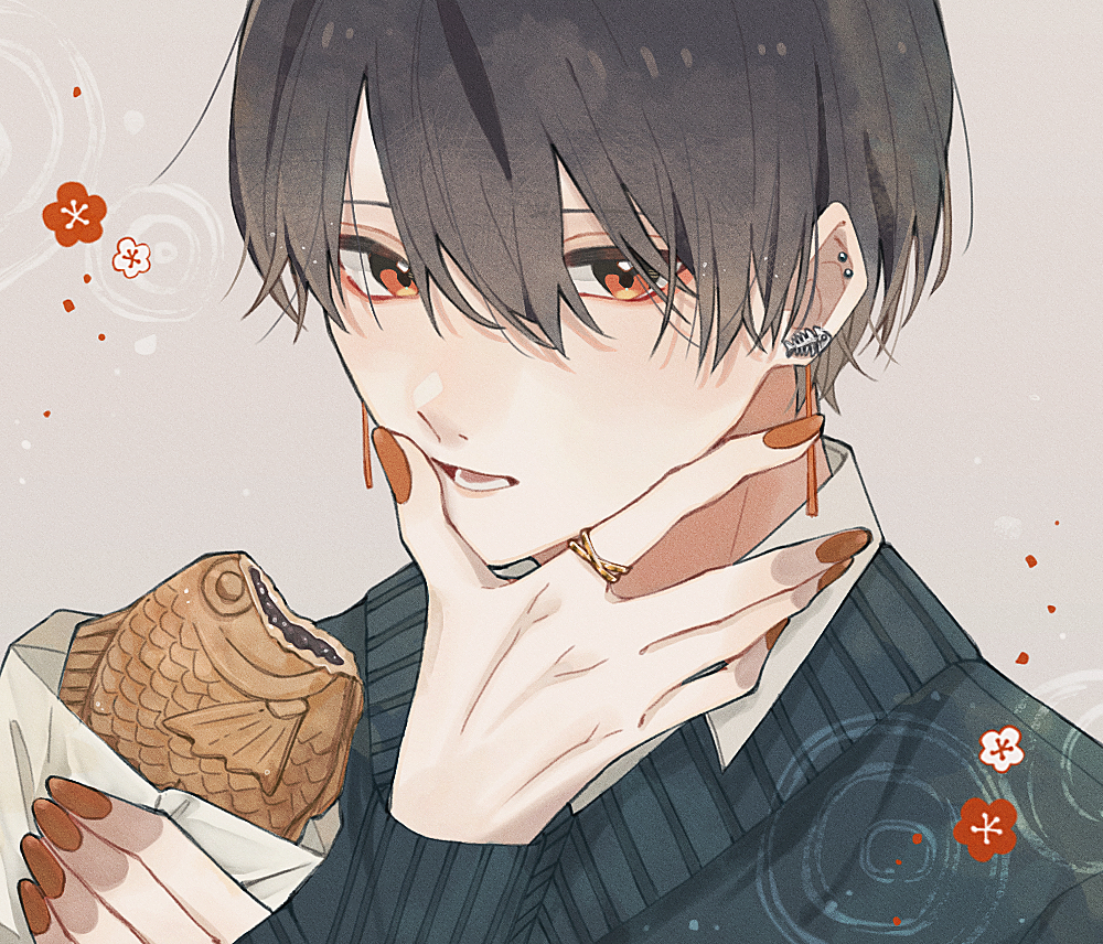 1boy, bag, black_hair, black_sweater, collared_shirt, commentary_request, ear_piercing, fish_bone_earrings