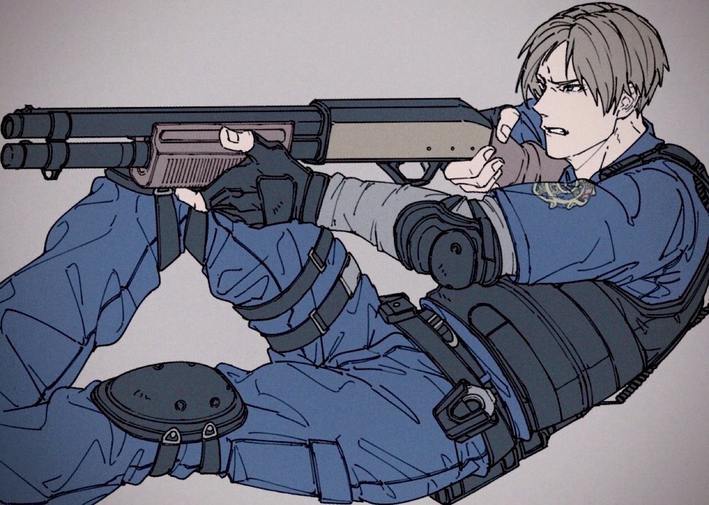 1boy, aiming, an_chovy, black_gloves, blonde_hair, blue_pants, blue_shirt, bulletproof_vest, clenched_teeth, elbow_pads, feet_out_of_frame, fingerless_gloves, furrowed_brow, gloves, grey_background, grey_shirt, gun, holding, holding_gun, holding_weapon, knee_pads, leon_s._kennedy, male_focus, pants, parted_bangs, parted_lips, police, police_uniform, resident_evil, resident_evil_4, shirt, shirt_under_shirt, short_hair, solo, teeth, weapon