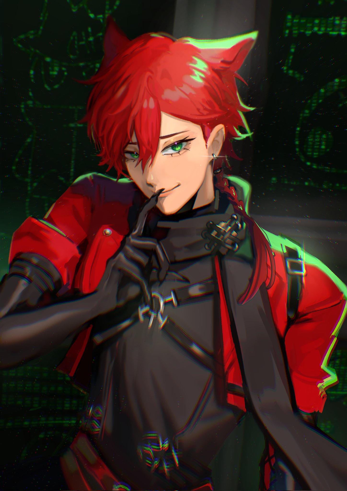 1boy, animal_ears, belt, black_gloves, black_scarf, braid, caspurr_catacini, cat_boy, cat_ears, cropped_jacket, earrings, elbow_gloves, froggikayru, gloves, green_eyes, highres, indie_virtual_youtuber, jacket, jewelry, looking_at_viewer, male_focus, multiple_belts, red_hair, red_jacket, scarf, smile, solo, virtual_youtuber