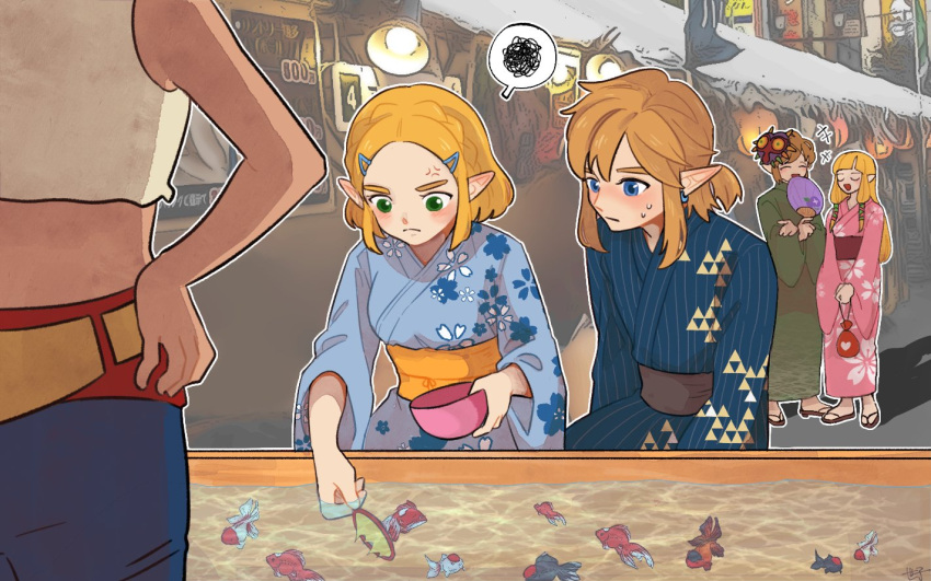 1other, 2boys, 2girls, anger_vein, blonde_hair, blue_eyes, blue_kimono, blue_pants, blunt_bangs, blush, braid, couple, crop_top, crown_braid, earrings, festival, fish, floral_print, frown, full_body, furrowed_brow, goldfish, goldfish_scooping, green_eyes, green_kimono, hair_ornament, hairclip, hand_fan, hand_on_own_hip, hetero, holding, holding_fan, japanese_clothes, jewelry, kimono, link, long_hair, looking_at_another, mask, mask_on_head, medium_hair, multiple_boys, multiple_girls, pants, parted_bangs, pink_kimono, pointy_ears, ponytail, princess_zelda, sandals, seza_game, short_hair, sidelocks, spoken_squiggle, squiggle, sweatdrop, the_legend_of_zelda, the_legend_of_zelda:_breath_of_the_wild, the_legend_of_zelda:_skyward_sword, triforce_print, upper_body