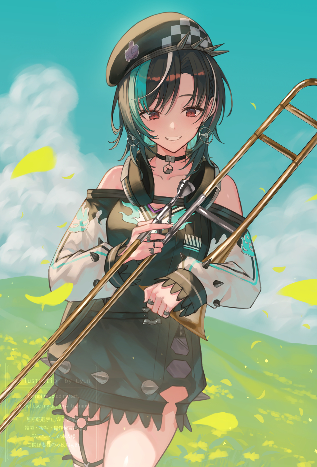 1girl, asymmetrical_bangs, bare_shoulders, belt, beret, black_hair, breasts, brown_eyes