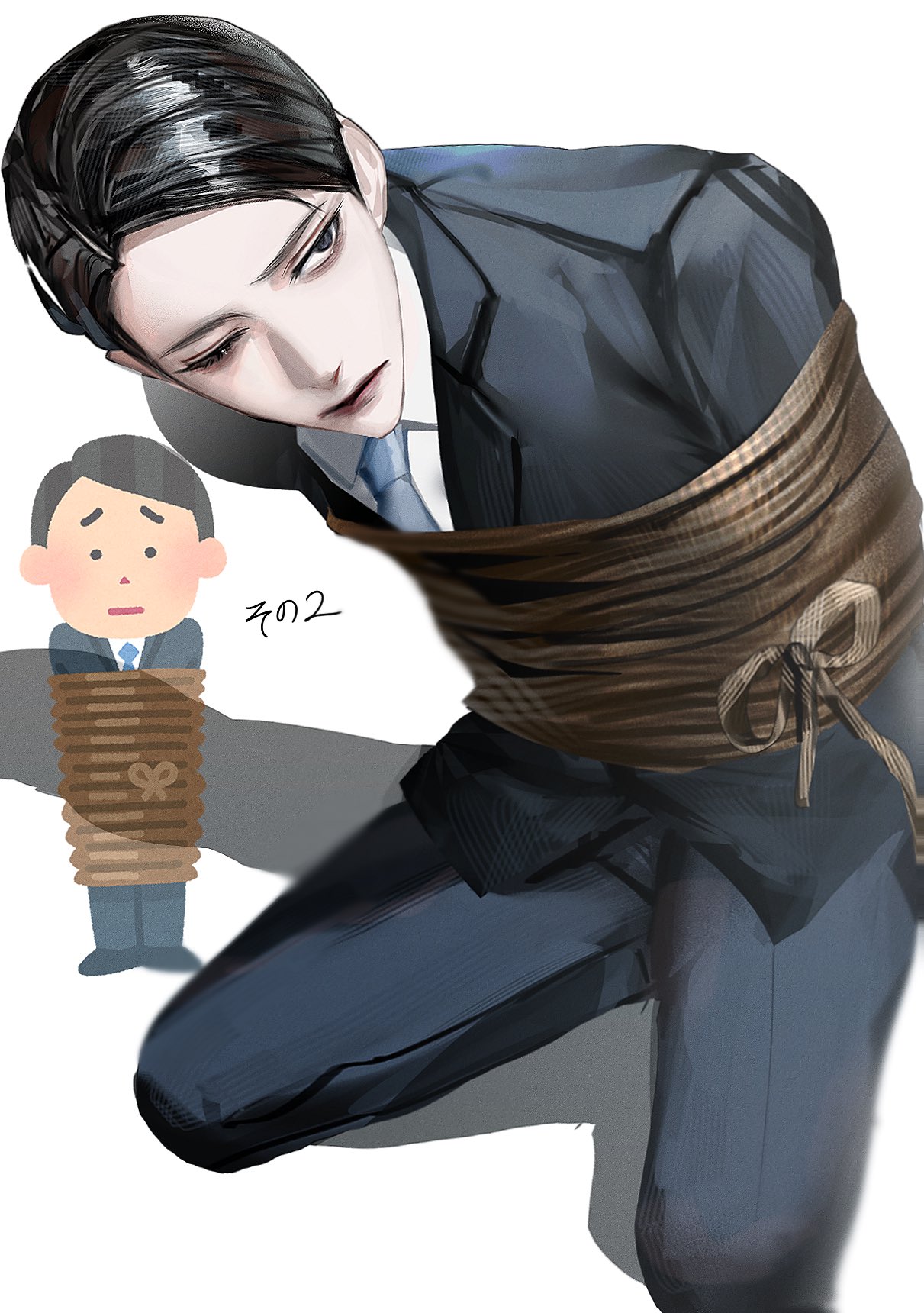 1boy, bags_under_eyes, black_hair, black_jacket, black_pants, black_suit, blue_necktie, collared_shirt