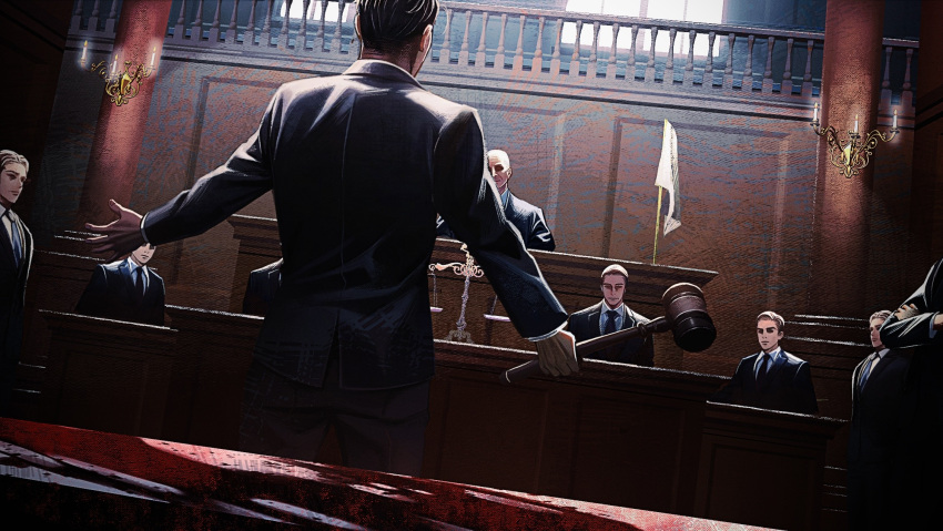 6+boys, backlighting, bald, black_hair, black_jacket, black_necktie, black_pants, black_suit