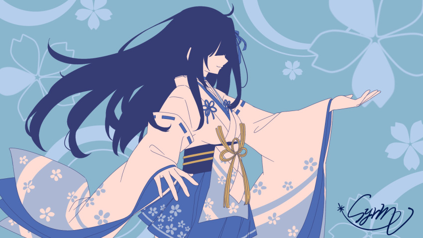 1girl, ahoge, black_hair, blue_background, breasts, closed_mouth, commentary, covered_eyes