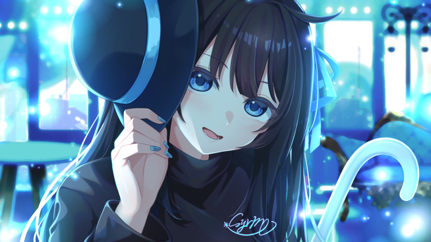 1girl, alternate_costume, black_hair, black_hat, black_sweater, blue_eyes, blue_nails, blue_ribbon