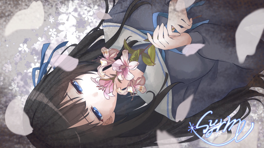 1girl, black_hair, blue_eyes, blue_ribbon, blue_shirt, commentary, falling_petals, flower