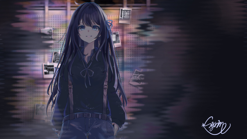 1girl, arms_at_sides, belt, black_hair, black_sweater, blue_eyes, blue_pants, blue_ribbon