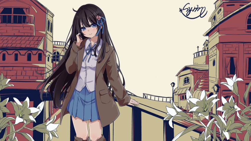 1girl, alternate_costume, black_hair, blue_eyes, blue_ribbon, blue_skirt, blush, boots