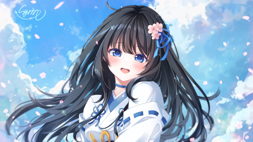1girl, black_hair, blue_eyeliner, blue_eyes, blue_ribbon, blush, breasts, clouds