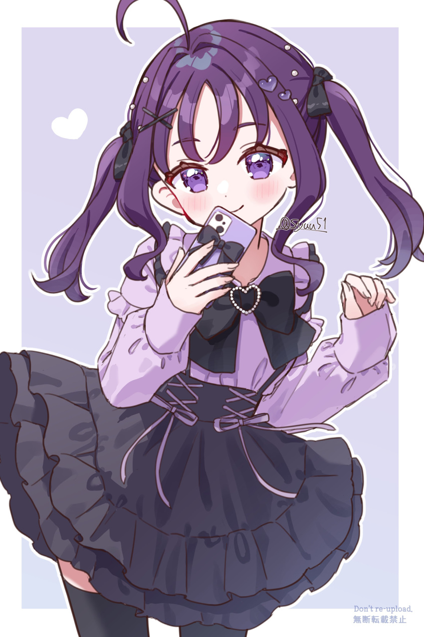 1girl, absurdres, ahoge, black_bow, black_bowtie, black_skirt, black_thighhighs, bow