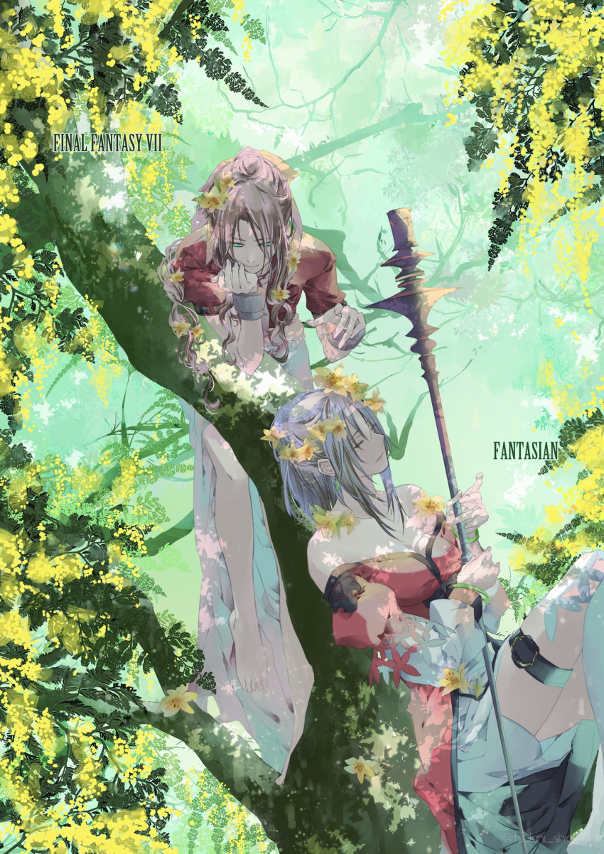 2girls, aerith_gainsborough, bangle, bare_shoulders, barefoot, bracelet, braid, braided_ponytail, breasts, brown_hair, closed_eyes, dress, fantasian, final_fantasy, final_fantasy_vii, green_eyes, hair_between_eyes, hair_ribbon, half-closed_eyes, head_on_hand, highres, holding, holding_staff, in_tree, jacket, jewelry, kina_(fantasian), long_dress, looking_at_another, medium_breasts, multiple_girls, off-shoulder_dress, off_shoulder, parted_bangs, pink_dress, ponytail, red_dress, red_jacket, ribbon, short_sleeves, sidelocks, single_braid, staff, thigh_strap, tree, tsukini_shigure