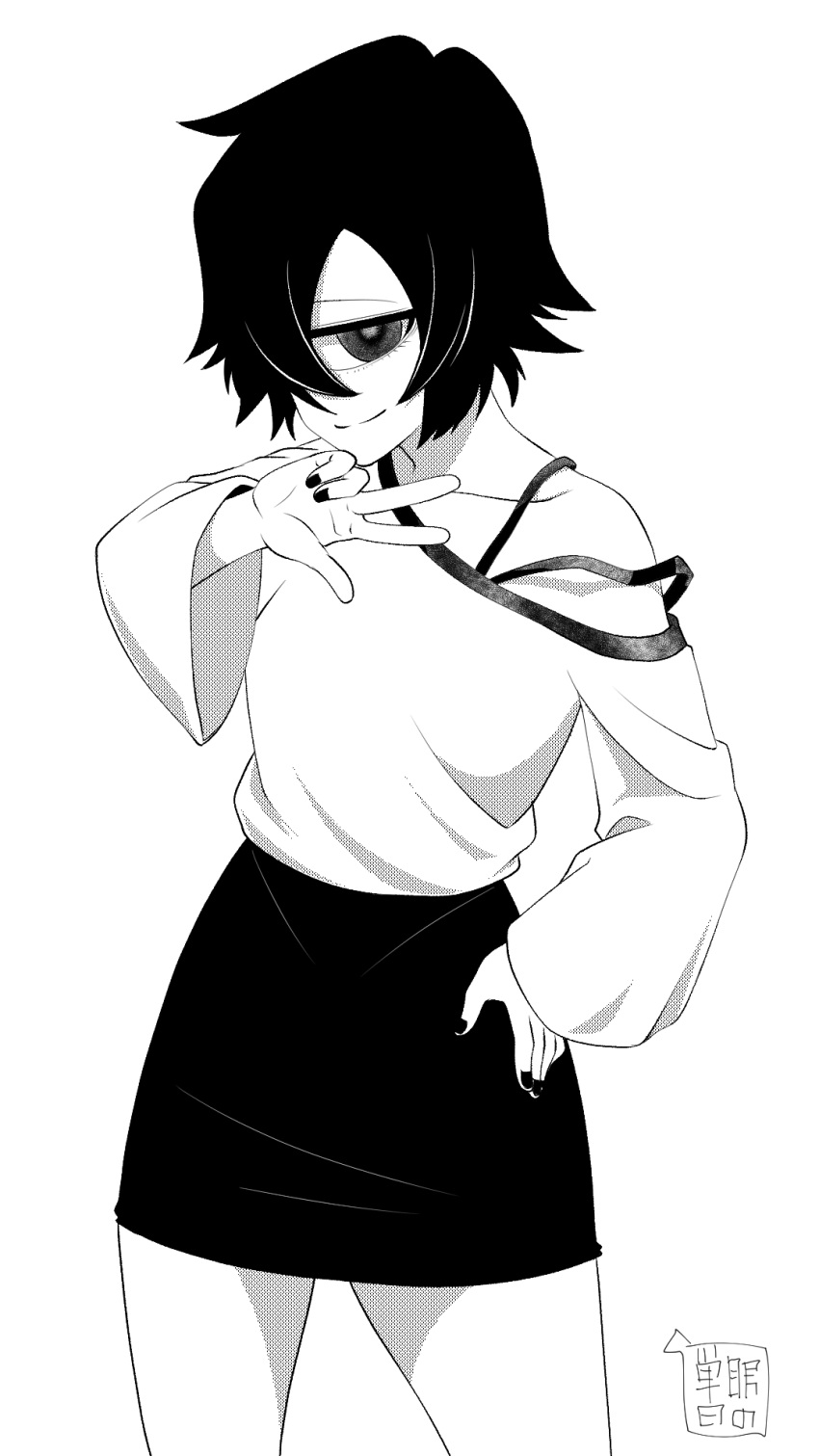 1girl, black_nails, breasts, cyclops, hand_on_own_hip, highres, monochrome, one-eyed