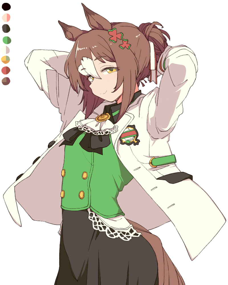1girl, animal_ears, arms_up, ascot, black_bow, black_shirt, black_skirt, bow, brown_hair, closed_mouth, collared_shirt, color_guide, commentary, cowboy_shot, double_breast_sucking, fine_motion_(umamusume), green_eyes, green_vest, hair_between_eyes, hair_bun, horse_ears, horse_girl, horse_tail, jacket, long_sleeves, multicolored_hair, open_clothes, open_jacket, shirt, short_hair, skirt, smile, solo, streaked_hair, tail, toriga_naku, umamusume, vest, white_ascot, white_hair, white_jacket