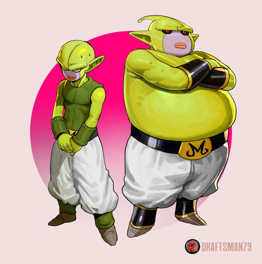 baggy_clothes, black_eyes, colored_skin, crossed_arms, draftsman79, dragon_ball, dragon_ball_daima, green_skin