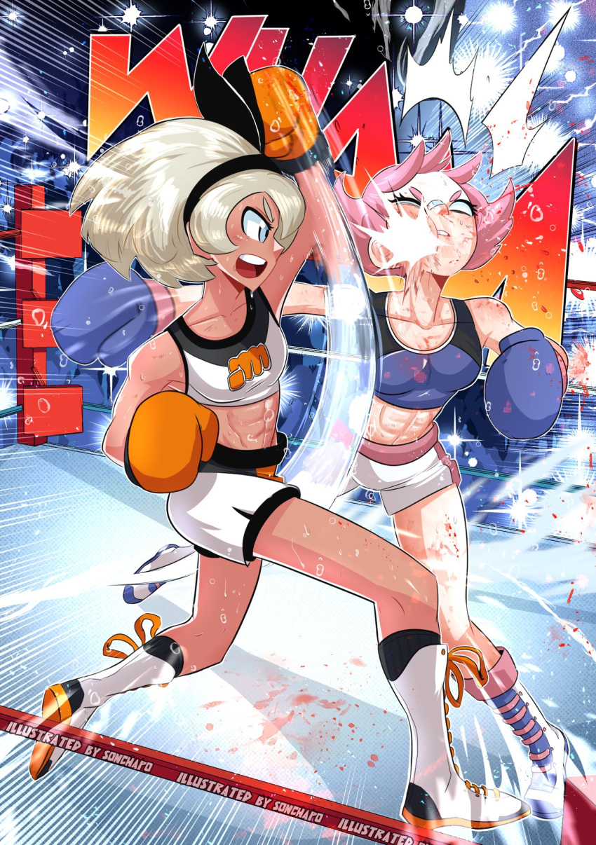 2girls, abs, artist_name, bandaid, bandaid_on_face, bandaid_on_nose, bare_shoulders, bea_(pokemon)