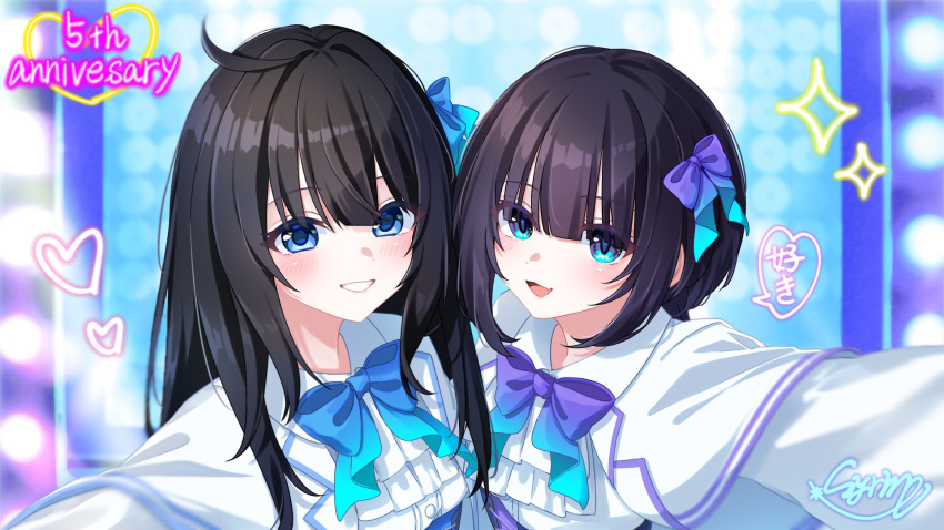 2girls, anniversary, black_hair, blue_bow, blue_bowtie, blue_eyes, blush, bow