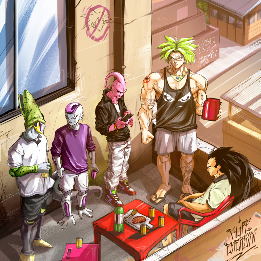 5boys, absurdres, alcohol, alternate_costume, ankle_monitor, arm_tattoo, artist_name, bad_boy_(brand)