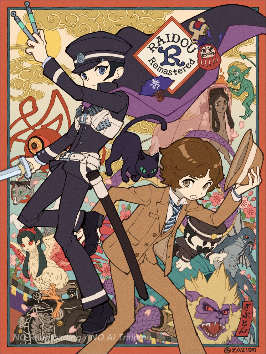 2boys, :o, azumi_(megami_tensei), black_cape, black_cat, black_hat, blue_eyes, blue_necktie