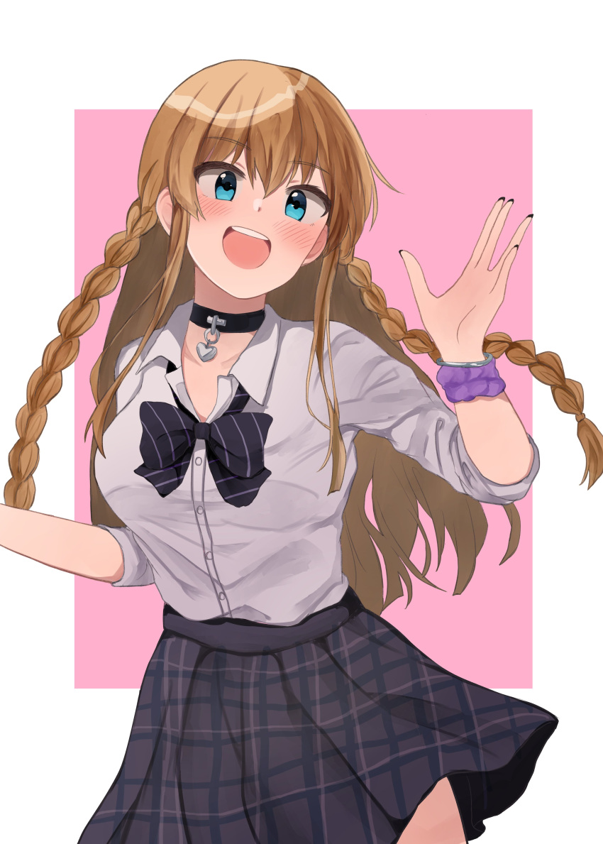 1girl, :d, absurdres, asahi_(asahi8105), black_bow, black_bowtie, black_choker, black_nails, blue_eyes, blush, border, bow, bowtie, braid, brown_hair, choker, collarbone, concept_gyarus_(idolmaster), cowboy_shot, diagonal-striped_bow, diagonal-striped_bowtie, diagonal-striped_clothes, dot_nose, double-parted_bangs, from_side, grey_skirt, gyaru, hair_over_breasts, hands_up, heart, heart_choker, highres, idolmaster, idolmaster_million_live!, idolmaster_million_live!_theater_days, kousaka_umi, long_hair, looking_at_viewer, loose_bowtie, open_collar, open_hand, open_mouth, outside_border, pink_background, plaid_clothes, plaid_skirt, pleated_skirt, purple_scrunchie, school_uniform, scrunchie, shirt, silver_bangle, skirt, sleeves_rolled_up, smile, solo, striped_clothes, teeth, twin_braids, upper_teeth_only, white_border, white_shirt, wrist_scrunchie