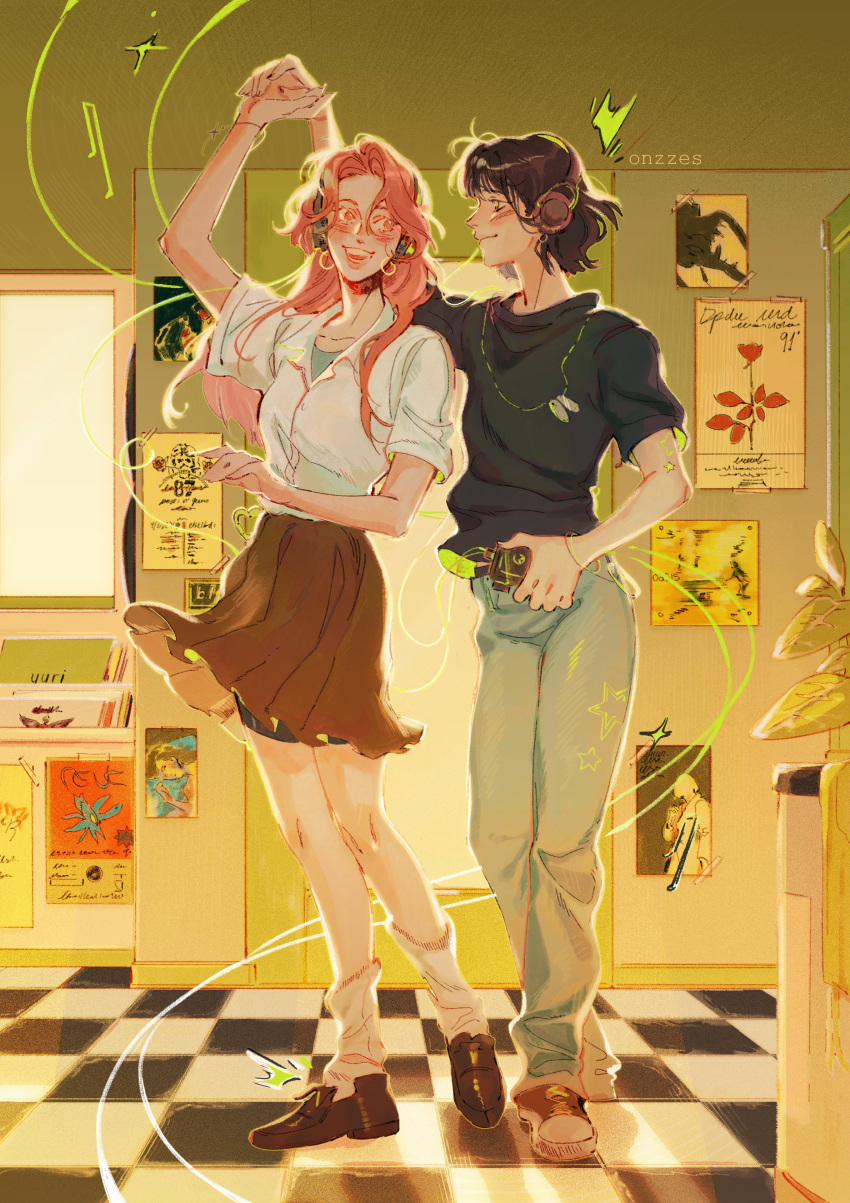 2girls, absurdres, artist_name, black_hair, black_shirt, black_shoes, brown_skirt, cellphone