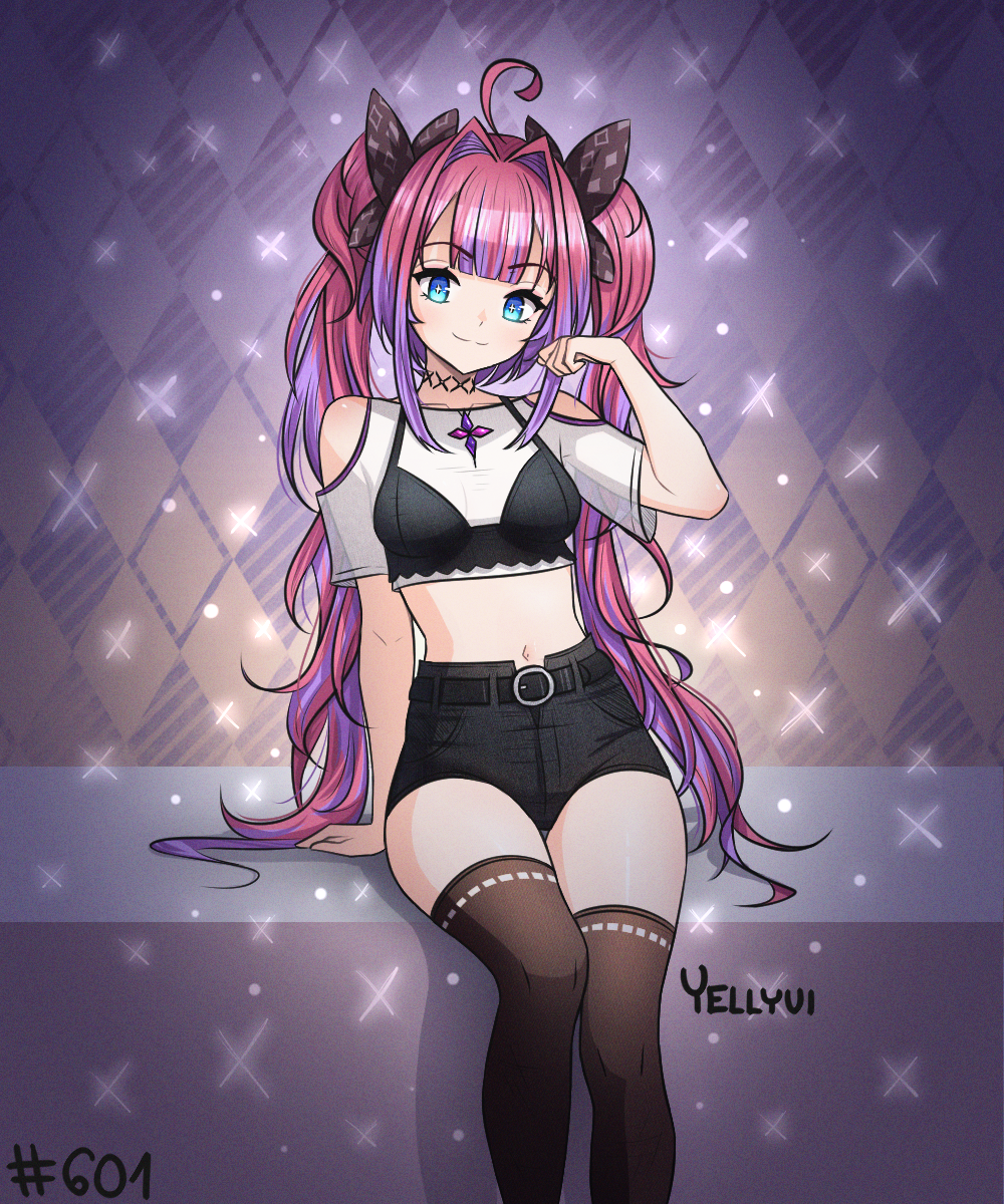 1girl, ahoge, argyle_background, arm_support, artist_name, belt, black_bow, blue_eyes