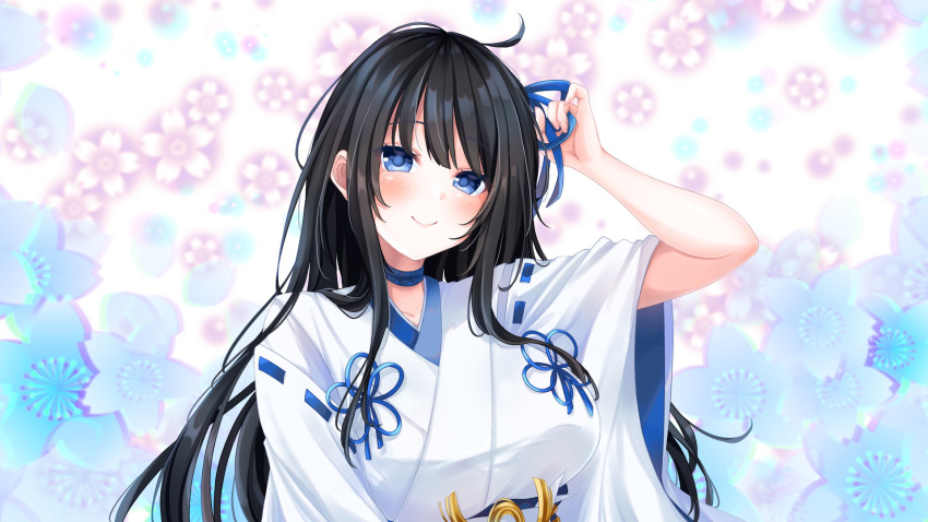1girl, adjusting_hair_ornament, ahoge, black_hair, blue_choker, blue_eyes, blush, breasts