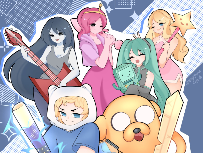 1boy, adventure_time, blonde_hair, blue_hair, bmo, dog_boy, dress, finn_the_human