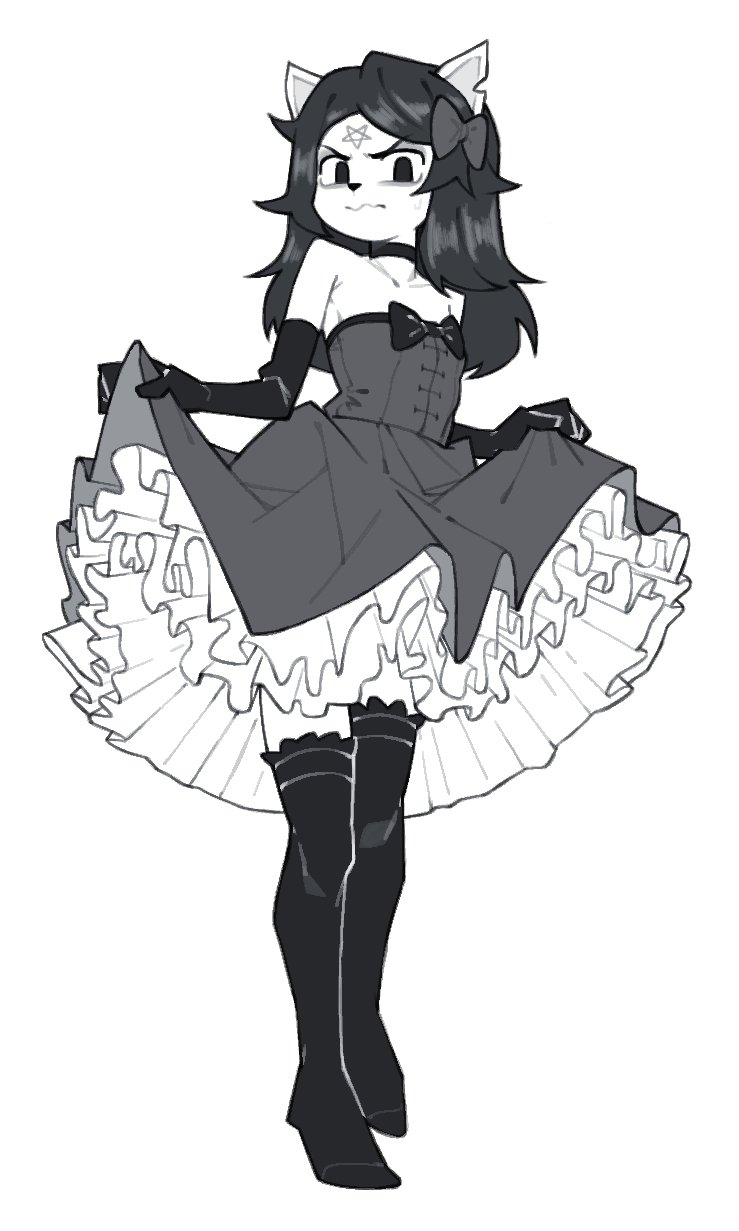 1girl, animal_ears, animal_nose, bare_shoulders, black_choker, black_eyes, black_thighhighs, bow