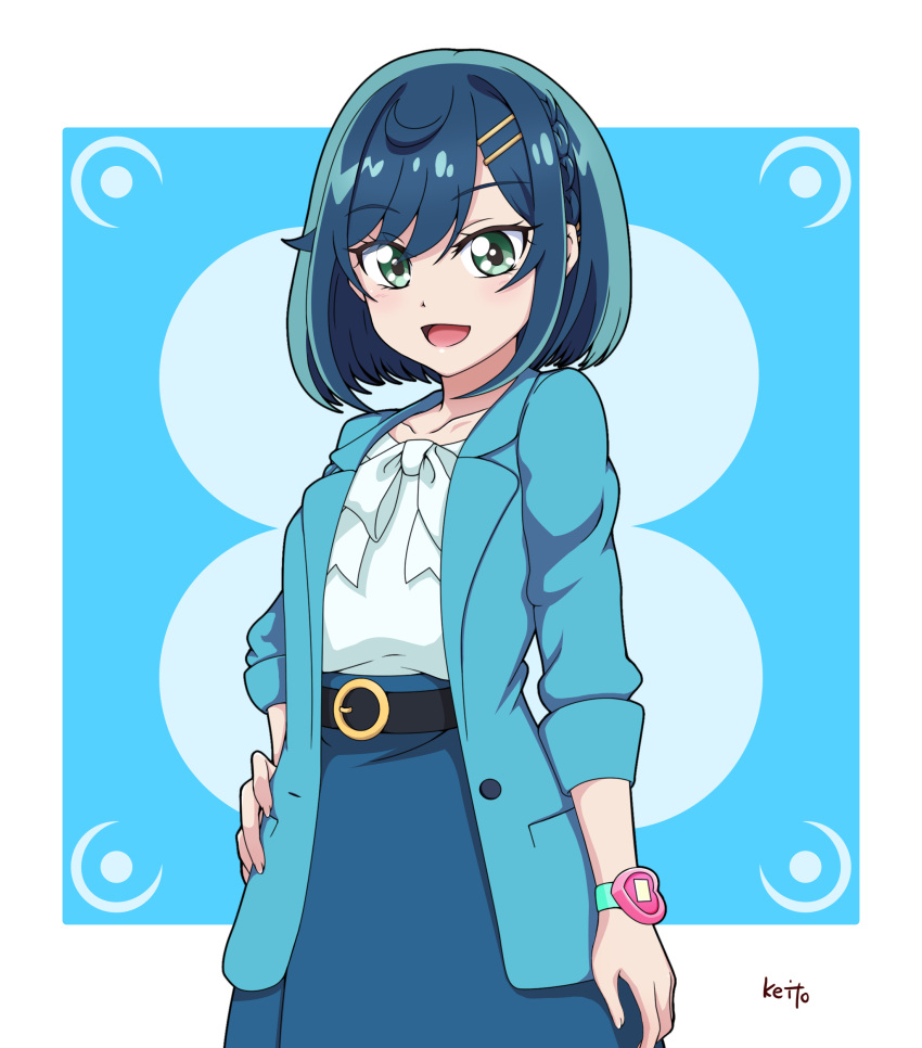 1girl, :d, absurdres, anime_coloring, artist_name, belt, black_belt, blue_background