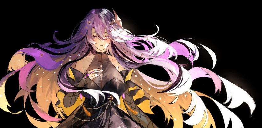 absurdres, black_background, breasts, clothing_cutout, colored_inner_hair, dress, english_commentary, fang